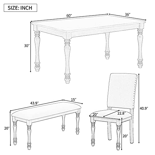 Merax 6-Piece Wood Rectangular Table Set with Turned Legs, 4 Upholstered Chairs and Bench for Dining Room, Grey+Beige_6pcs