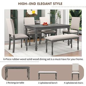 Merax 6-Piece Wood Rectangular Table Set with Turned Legs, 4 Upholstered Chairs and Bench for Dining Room, Grey+Beige_6pcs