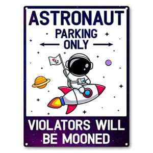 astronaut parking sign, space themed bedroom decor for boys room, outter space room decor gifts for boys kids themed bedroom room wall decorations industrial grade aluminum, easy mounting, rust-free/fade resistance, indoor/outdoor