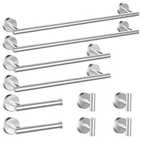 newfun 10pcs brushed nickel bathroom hardware set - includes 24&18inch towel bar, robe hook, toilet paper holder, 2 pack 5 piece bathroom accessories set stainless steel wall mounted