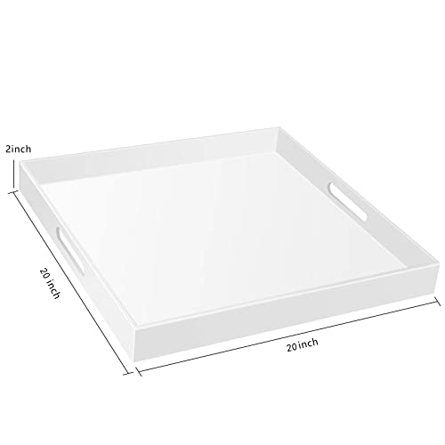 MIKINEE 20×20 Inches Glossy White Acrylic Sturdy Serving Tray Decorative Ottoman Coffee Table Trays Water Proof Bed Tray Counter Top Organizer