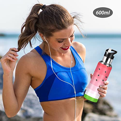 xigua Watermelon Water Bottle with Straw Lid Vacuum Insulated Stainless Steel Thermo Flask for Sports Cycling Hiking School Home,20 oz.