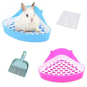 Lucky Interests 2 pcs Triangle Rabbit Litter Tray, Guinea Pig Training Corner Small Animal Toilet Potty Chinchilla Potty Box with Mini Broom & Dustpan, Disposable Cage Liner for Hamster Ferret Bunny