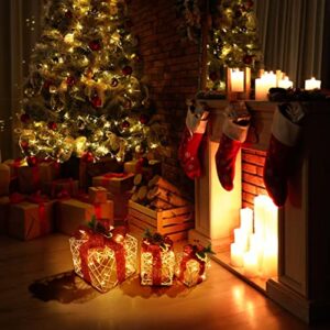 COVFEVER Lighted Gift Boxes Set of 3, Battery Operated Light Up Present Boxes Waterproof for Xmas Tree, Indoor Outdoor Christmas Decorations (Red Bow)