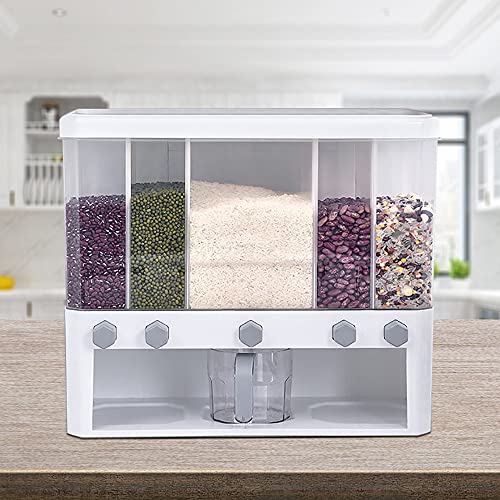 Gdrasuya10 10KG Rice Dispenser, 5-Grid Kitchen Grain Container Storage with Lid, One-Click Output Dry Food Storage with Measuring Cup for Rice, Cereal, Flour, Beans (16.53inch x 7.67inch x 13.85inch)