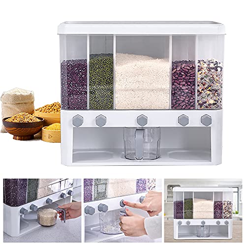 Gdrasuya10 10KG Rice Dispenser, 5-Grid Kitchen Grain Container Storage with Lid, One-Click Output Dry Food Storage with Measuring Cup for Rice, Cereal, Flour, Beans (16.53inch x 7.67inch x 13.85inch)