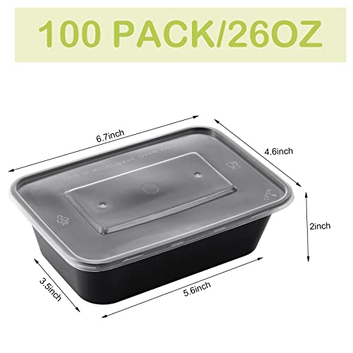 100 Pcs Plastic Meal Prep Containers 26 oz Microwavable Food Storage Containers Reusable Lunch Bowls with Lids Stackable Disposable Lunch Boxes 1 Compartment Bento Box, Dishwasher Freezer Safe, Black