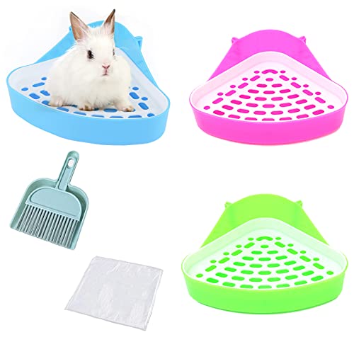 Lucky Interests 3 pcs Triangle Rabbit Litter Tray, Guinea Pig Training Corner Small Animal Toilet Potty Chinchilla Potty Box with Mini Broom & Dustpan, Disposable Cage Liner for Hamster Ferret Bunny