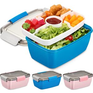 potchen 4 packs salad lunch container 68 oz large bento box adult bowl with 5 compartments dressings style tray for toppings, blue, pink
