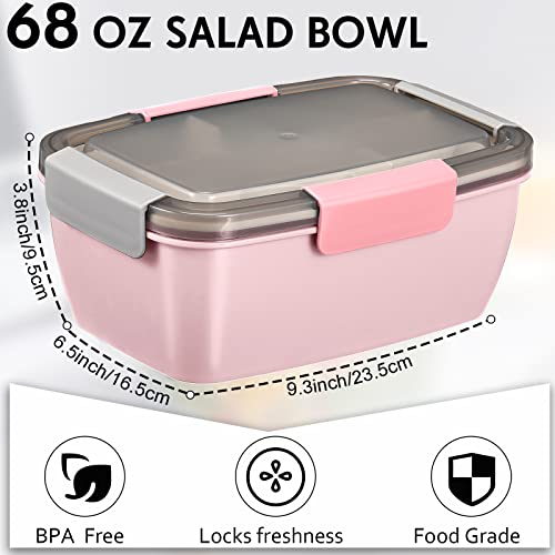 Potchen 4 Packs Salad Lunch Container 68 oz Large Bento Box Adult Bowl with 5 Compartments Dressings Style Tray for Toppings, Blue, Pink