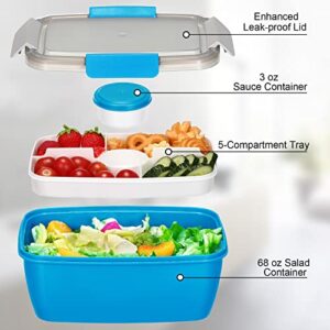 Potchen 4 Packs Salad Lunch Container 68 oz Large Bento Box Adult Bowl with 5 Compartments Dressings Style Tray for Toppings, Blue, Pink