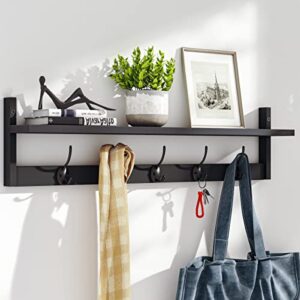 bameos wall hooks with shelf 28.9 inch length entryway wall hanging shelf wood coat hooks for wall with shelf wall-mounted coat hook rack with 5 dual hooks for bathroom, living room, bedroom (black)