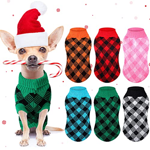 6 Pieces Plaid Dog Sweater Christmas Dog Sweater Buffalo Plaid Dog Sweater Holiday Pet Knitted Clothes for Big Medium Small Dogs Christmas Winter Holiday Cosplay (Small)