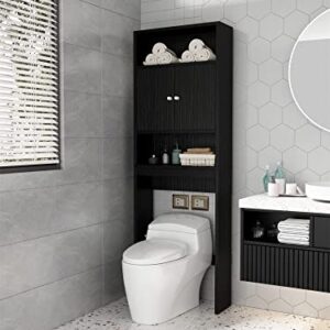 Freestanding Over-the-toilet Storage Cabinet Tall Bathroom Organization w/Open Shelves & 2-Door for WC, Wood Floor Standing Cabinet Narrow Tower Cabinet Organizer w/Round Knobs for Home Office (Black)