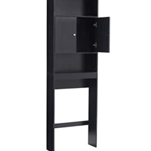 Freestanding Over-the-toilet Storage Cabinet Tall Bathroom Organization w/Open Shelves & 2-Door for WC, Wood Floor Standing Cabinet Narrow Tower Cabinet Organizer w/Round Knobs for Home Office (Black)