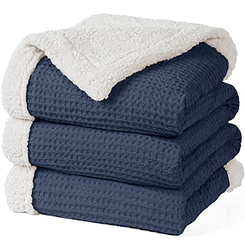 PHF Waffle Sherpa Blanket King Size, Luxury Warm Plush Flannel Blanket for Winter, No Shed No Pilling Cozy Soft Waffle Weave Fleece Blanket for Bed and Couch, Navy Blue, 104x90 Inches