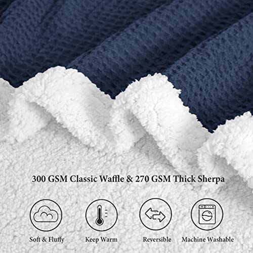 PHF Waffle Sherpa Blanket King Size, Luxury Warm Plush Flannel Blanket for Winter, No Shed No Pilling Cozy Soft Waffle Weave Fleece Blanket for Bed and Couch, Navy Blue, 104x90 Inches