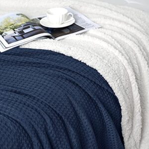 PHF Waffle Sherpa Blanket King Size, Luxury Warm Plush Flannel Blanket for Winter, No Shed No Pilling Cozy Soft Waffle Weave Fleece Blanket for Bed and Couch, Navy Blue, 104x90 Inches