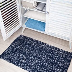 CHARDIN HOME Navy & White Cotton Throw Rug, 21x34 Inches Area Rug for Bathroom Kitchen entryway, Reversible Handwoven Rug Machine Washable.