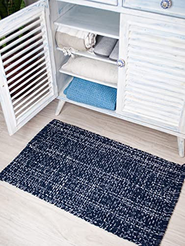 CHARDIN HOME Navy & White Cotton Throw Rug, 21x34 Inches Area Rug for Bathroom Kitchen entryway, Reversible Handwoven Rug Machine Washable.