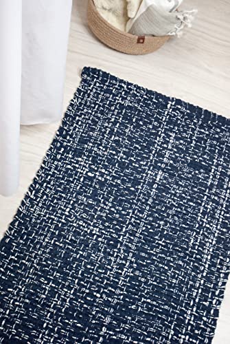 CHARDIN HOME Navy & White Cotton Throw Rug, 21x34 Inches Area Rug for Bathroom Kitchen entryway, Reversible Handwoven Rug Machine Washable.