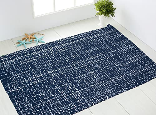 CHARDIN HOME Navy & White Cotton Throw Rug, 21x34 Inches Area Rug for Bathroom Kitchen entryway, Reversible Handwoven Rug Machine Washable.