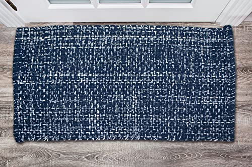 CHARDIN HOME Navy & White Cotton Throw Rug, 21x34 Inches Area Rug for Bathroom Kitchen entryway, Reversible Handwoven Rug Machine Washable.