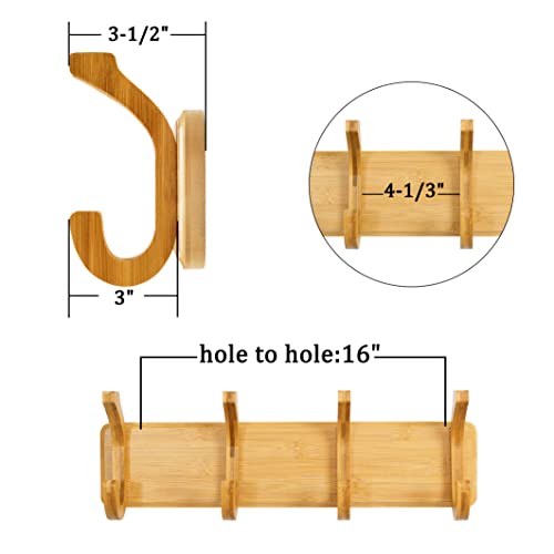 Honsky Wall Mounted Coat Rack, 17” Wall Coat Rack with 4 Hooks,Bamboo Coat Hook Wall Mounted,Large Coat Hanger Wall Mounted for Hanging Coat,Clothes,Jacket,Natural