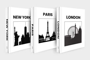 rg custom works - decorative books - (3 piece set) - timeless, minimalist, sleek design - paris/london/new york set - blank pages