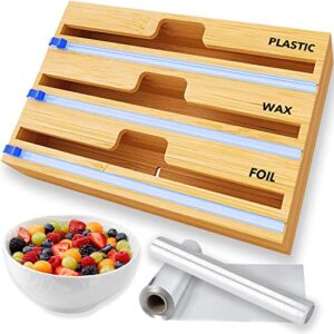 tuipm wrap dispenser with cutter, plastic wrap, aluminum foil and wax paper dispenser for kitchen drawer, bamboo roll organizer holder, 3 in 1 wrap dispenser compatible with 12" roll