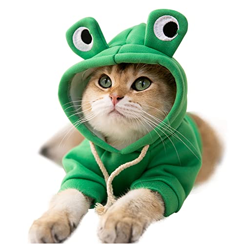 Richcatty Hoodies Funny Costume for Cat and Puppy Cute Frog Cosplay Clothes for Pets Soft Knitwear (Green Frog, S Pet Weight:3.3~5.5Lbs)