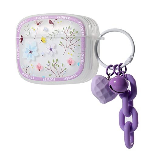 Caselix Cute AirPod 3rd Generation Case with Flower Ornament Keychain Silicone Protective Cover Compatible with AirPods 3rd Generation Women and Girls-Purple Flowers