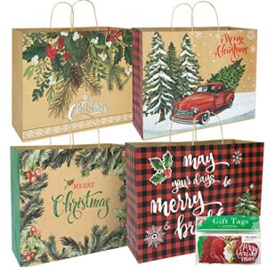 12 extra large christmas gift paper bags bulk with handles and 60 count christmas gift tags-6 designs jumbo oversized sacks set for wrapping gaint xmas holiday presents