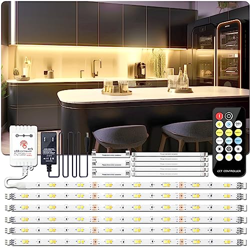 TJOY Under Cabinet Lighting Kit, 6PCS Dimmable Under Cabinet Lights, Touch and Remote Control, Led Strip Lights for Kitchen Cabinet, Counter, Shelf, Bookcase, 2700k-6500k Warm White to Daylight,9.8FT