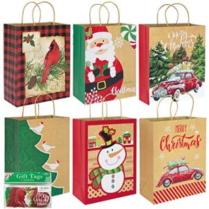 24 large kraft christmas gift paper bags bulk with handles and 60 count christmas gift tags-12 designs big size sacks set for wrapping xmas holiday presents