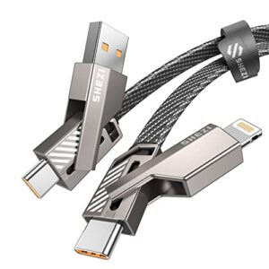 shezi 4-in-1 usb c cable lightning cable 60w [fast charging & data sync] flat braided multi ipad charger cord combo lightning/type c/usb a ports for iphone 15/15 pro/15 plus/15 pro max, 5ft