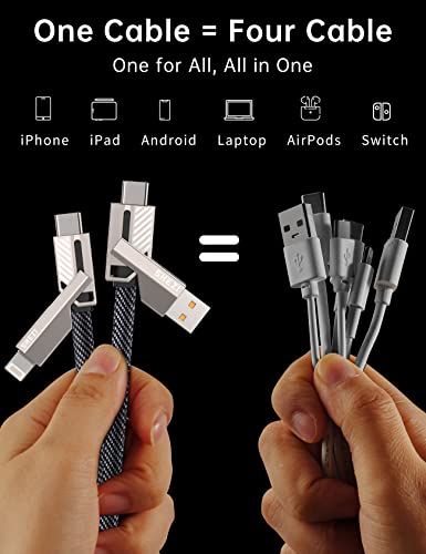 SHEZI 4-in-1 USB C Cable Lightning Cable 60W [Fast Charging & Data Sync] Flat Braided Multi iPad Charger Cord Combo Lightning/Type C/USB A Ports for iPhone 15/15 Pro/15 Plus/15 Pro Max, 5ft