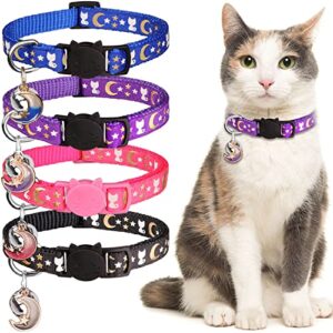 hinialver 4 pcs cat collars with bell breakaway gold moons and stars adjustable safety kitten collars with charm glow in the dark