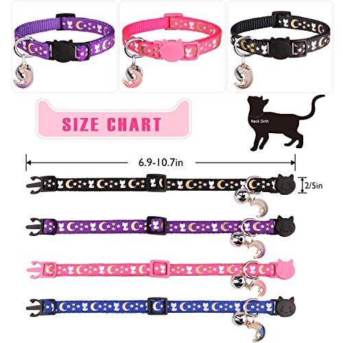 Hinialver 4 PCS Cat Collars with Bell Breakaway Gold Moons and Stars Adjustable Safety Kitten Collars with Charm Glow in The Dark