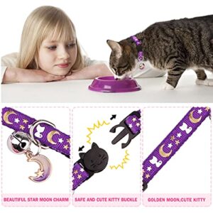 Hinialver 4 PCS Cat Collars with Bell Breakaway Gold Moons and Stars Adjustable Safety Kitten Collars with Charm Glow in The Dark