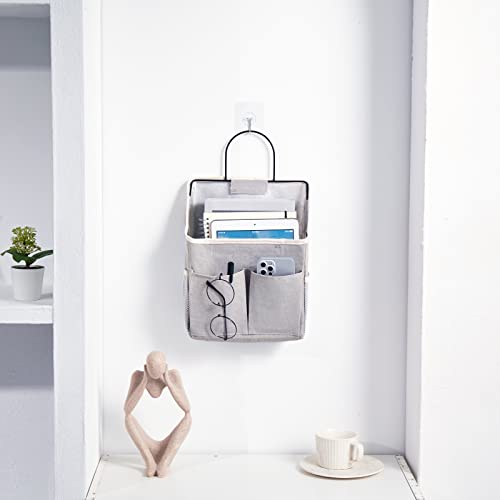 Wall Hanging Storage Basket Bag with Free Hooks,Bedside Storage Caddy,Dorm Room Essentials(2PC,Grey)