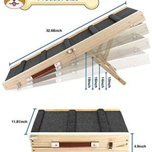 TNELTUEB Adjustable Dog Ramp, Wooden Folding Portable Pet Ramp,Rated for 30 LBS, 32.6" Long and Adjustable from 10" to 19" with Non-Slip Traction Mat, Dog Step for Bed, Couch,Car (Grey)