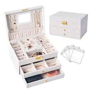 jewelry box organizer for women girls, 3 layer white pu leather jewelry storage case with 2 removable drawers, mirror, key lock and 4 pcs jewelry bags for rings, earrings, necklace, bracelet