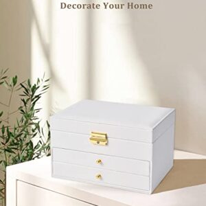 Jewelry Box Organizer for Women Girls, 3 Layer White PU Leather Jewelry Storage Case with 2 Removable Drawers, Mirror, Key Lock and 4 Pcs Jewelry Bags for Rings, Earrings, Necklace, Bracelet