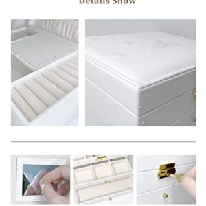 Jewelry Box Organizer for Women Girls, 3 Layer White PU Leather Jewelry Storage Case with 2 Removable Drawers, Mirror, Key Lock and 4 Pcs Jewelry Bags for Rings, Earrings, Necklace, Bracelet