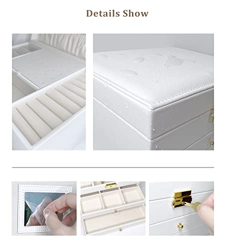 Jewelry Box Organizer for Women Girls, 3 Layer White PU Leather Jewelry Storage Case with 2 Removable Drawers, Mirror, Key Lock and 4 Pcs Jewelry Bags for Rings, Earrings, Necklace, Bracelet