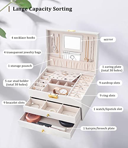 Jewelry Box Organizer for Women Girls, 3 Layer White PU Leather Jewelry Storage Case with 2 Removable Drawers, Mirror, Key Lock and 4 Pcs Jewelry Bags for Rings, Earrings, Necklace, Bracelet