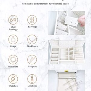 Jewelry Box Organizer for Women Girls, 3 Layer White PU Leather Jewelry Storage Case with 2 Removable Drawers, Mirror, Key Lock and 4 Pcs Jewelry Bags for Rings, Earrings, Necklace, Bracelet