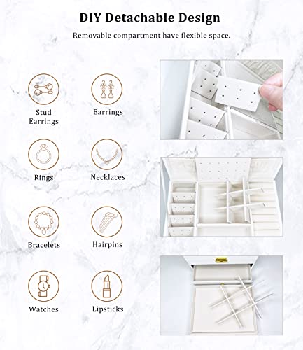 Jewelry Box Organizer for Women Girls, 3 Layer White PU Leather Jewelry Storage Case with 2 Removable Drawers, Mirror, Key Lock and 4 Pcs Jewelry Bags for Rings, Earrings, Necklace, Bracelet