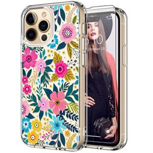 icedio for iphone 14 pro case with screen protector,slim fit crystal clear cover with fashion designs for girls women,durable protective phone case 6.1" cute colorful blooming floral